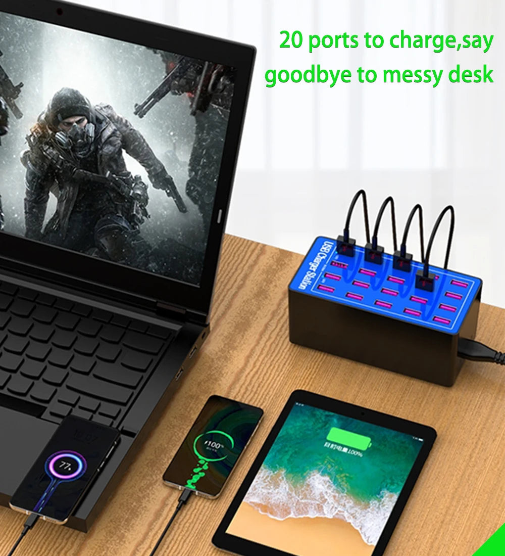 20-Port 100W USB Charging Station for Smartphones & Tablets specifications — Charging Station | Kinsperatech