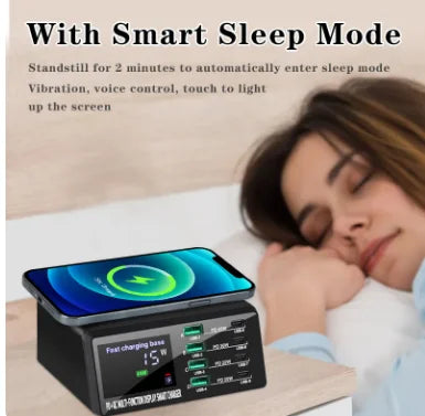 100W 8-Port USB Charging Station with Wireless Charging side view — Charging Station | Kinsperatech