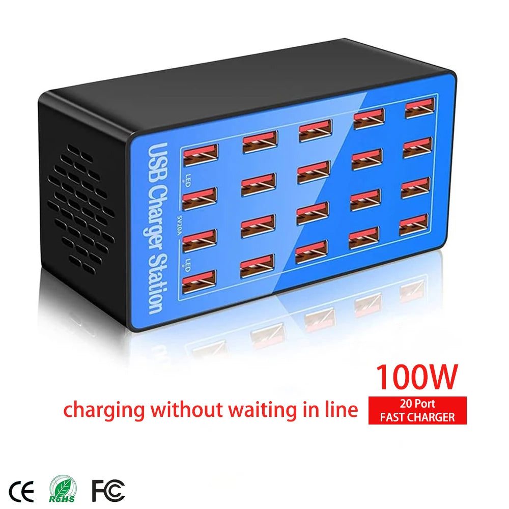 20-Port 100W USB Charging Station for Smartphones & Tablets side view — Charging Station | Kinsperatech