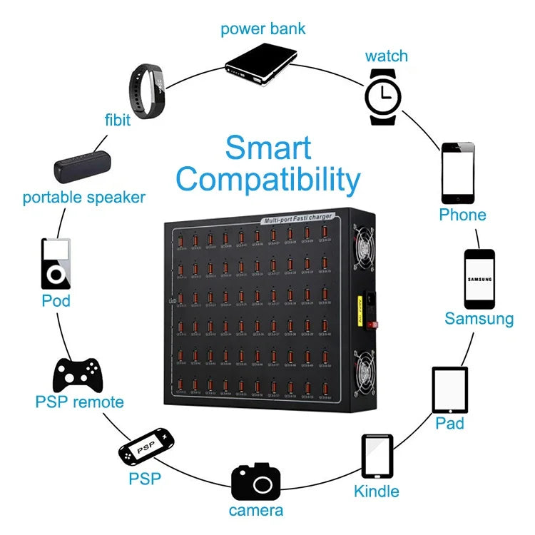 60-Port 700W Smart USB Charging Station with Cooling Fan detail view — Charging Station | Kinsperatech